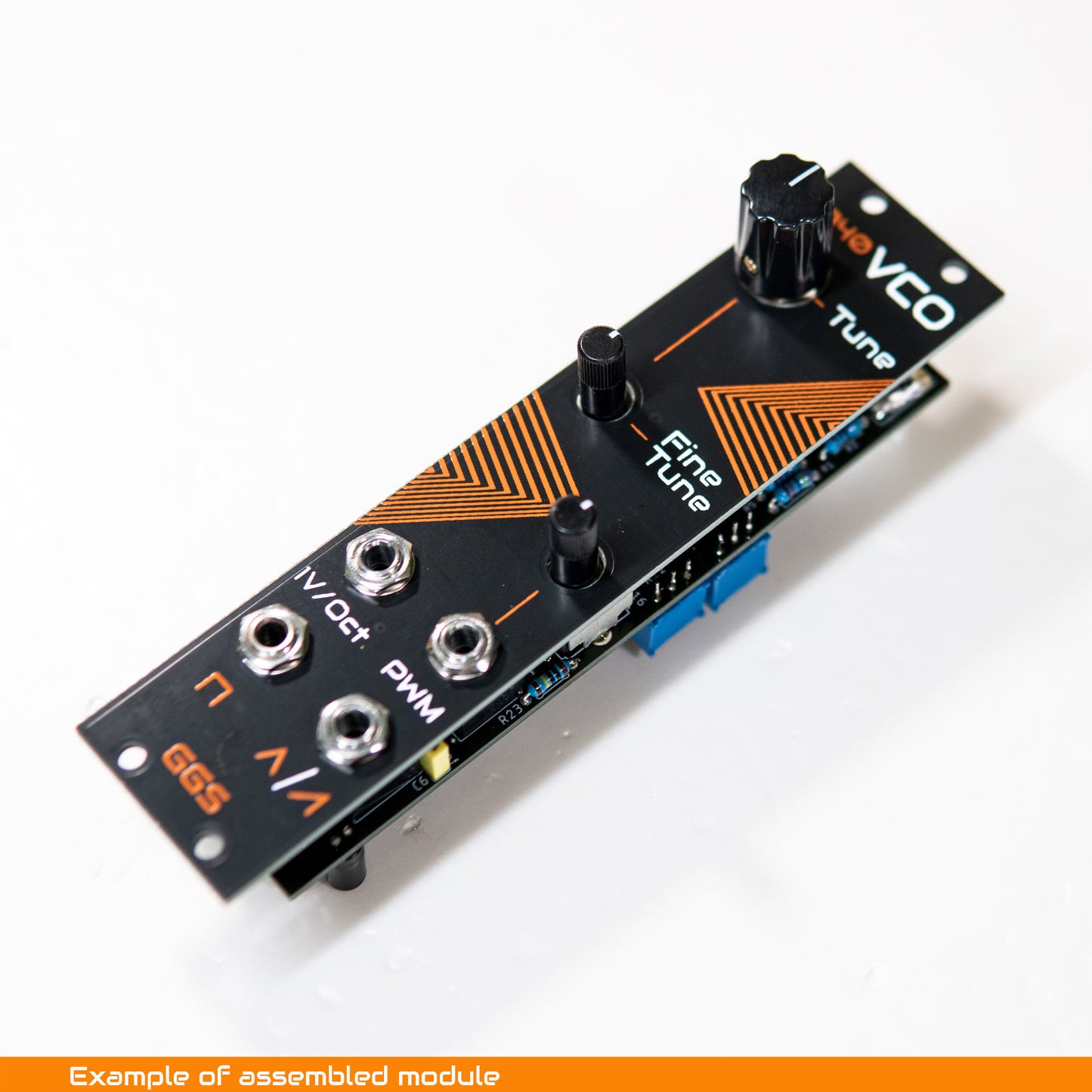 DIY Eurorack 3340 Mini VCO module build example, showing screen printed front panel with knobs and patch jacks, photographed at an angle on a white background.