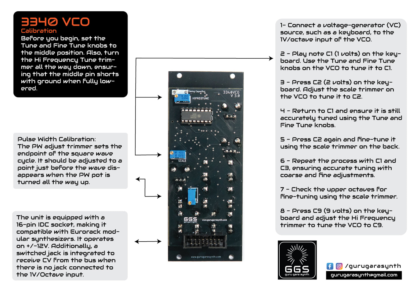 3340 VCO Calibration document. Back photo of the 3340 VCO eurorack module and labels describing trimmers and how to calibrate them. Scale, pulse width, High Frequency Tune.