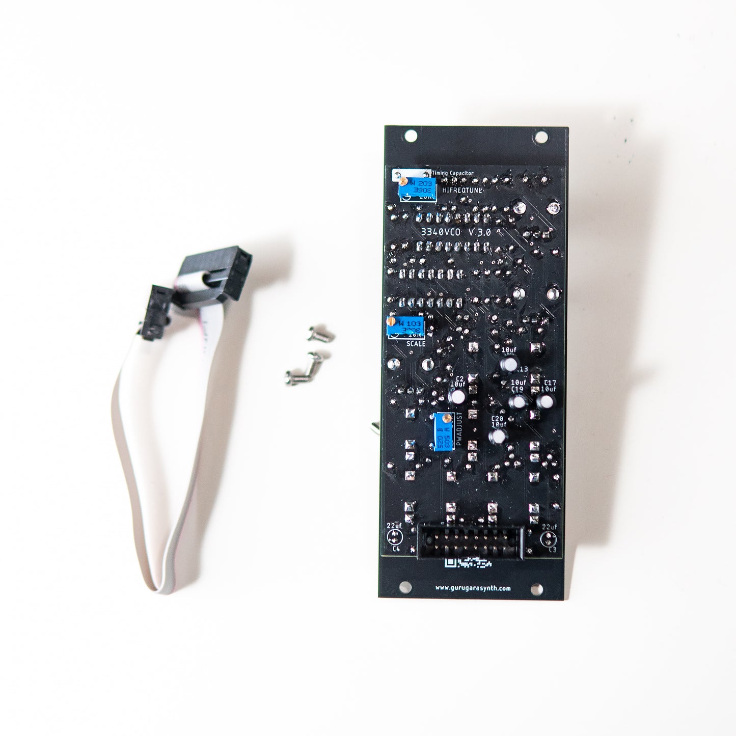 Rear side of the 3340 VCO Eurorack module showing PCB assembly and calibration trimmers.