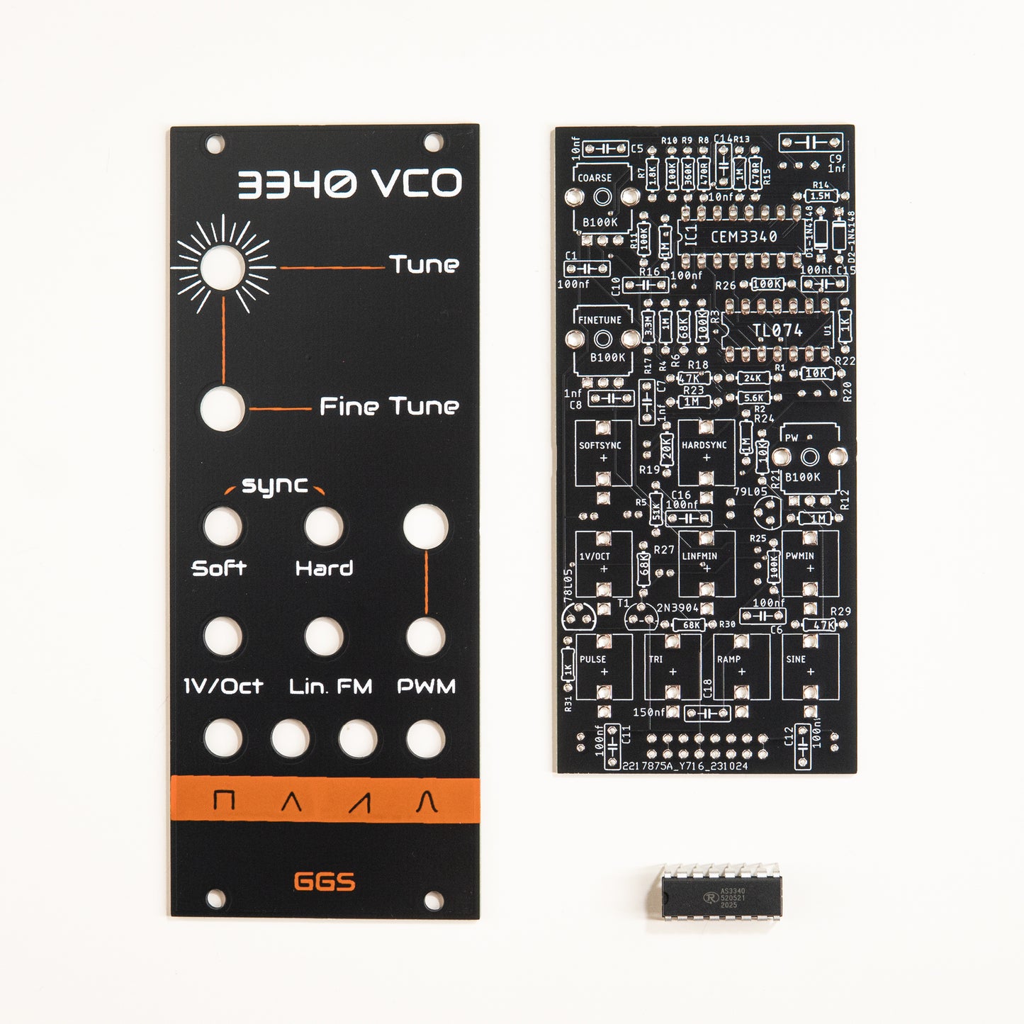 3340 VCO DIY Kit for Eurorack modular synth that comes with AS3340 IC. PCB and Front Panel. front / top view. Analog Oscillator for Synthesizers.
