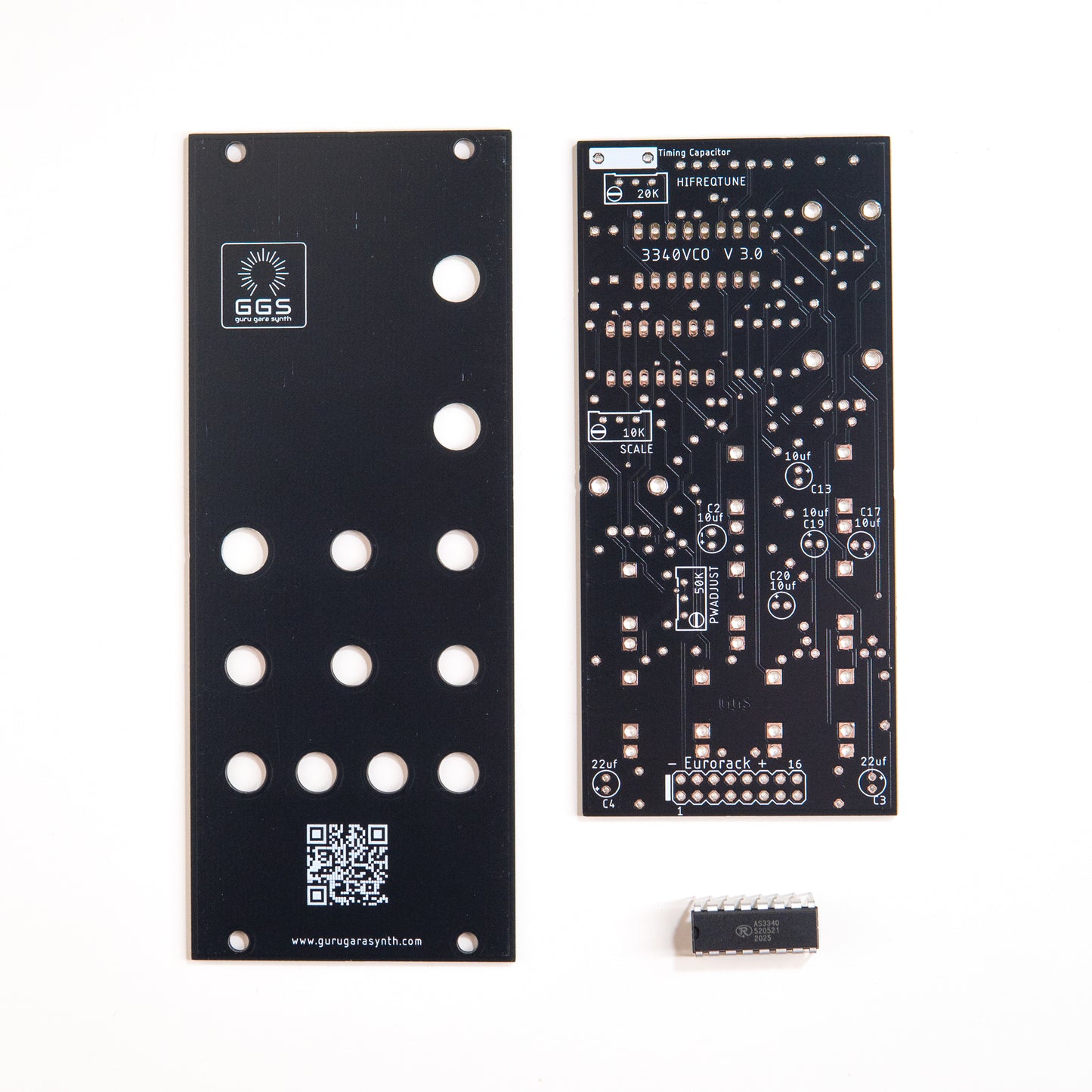 3340 VCO DIY Kit for Eurorack modular synth that comes with AS3340 IC. PCB and Front Panel. back / bottom view.