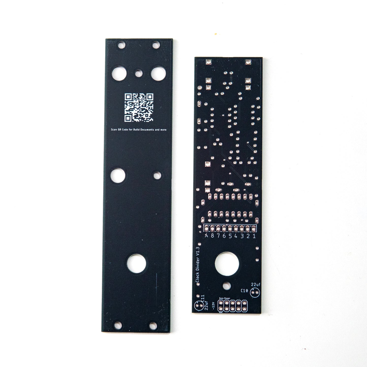 A 6HP Eurorack module designed to divide a clock signal into various divisions. Back view of the PCB and Front Panel.