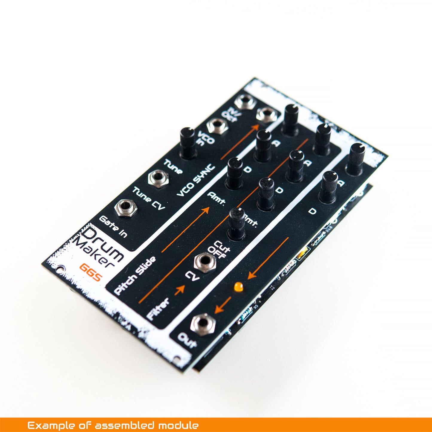 DIY Eurorack Drum Maker module build example, showing screen printed front panel with knobs and patch jacks, photographed at an angle on a white background.