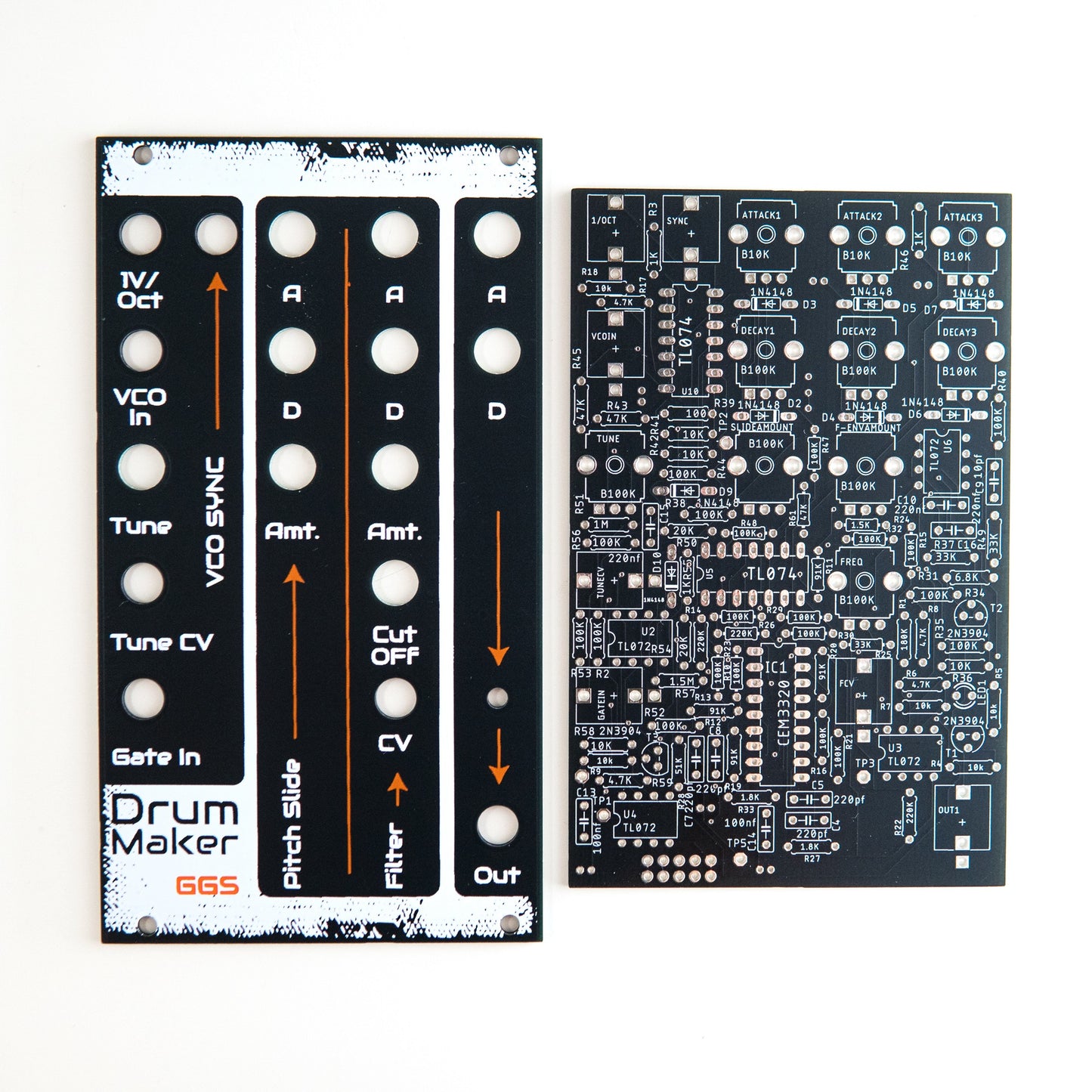 This Eurorack module is designed to transform your existing VCO into a versatile drum sound generator. Create everything from deep, heavy bass drums to punchy, harmonically rich kick drums and even tom-like percussive elements.
An on-board filter and VCA provide precise shaping of your drum tones, while dedicated attack/decay controls deliver dynamic and nuanced results.