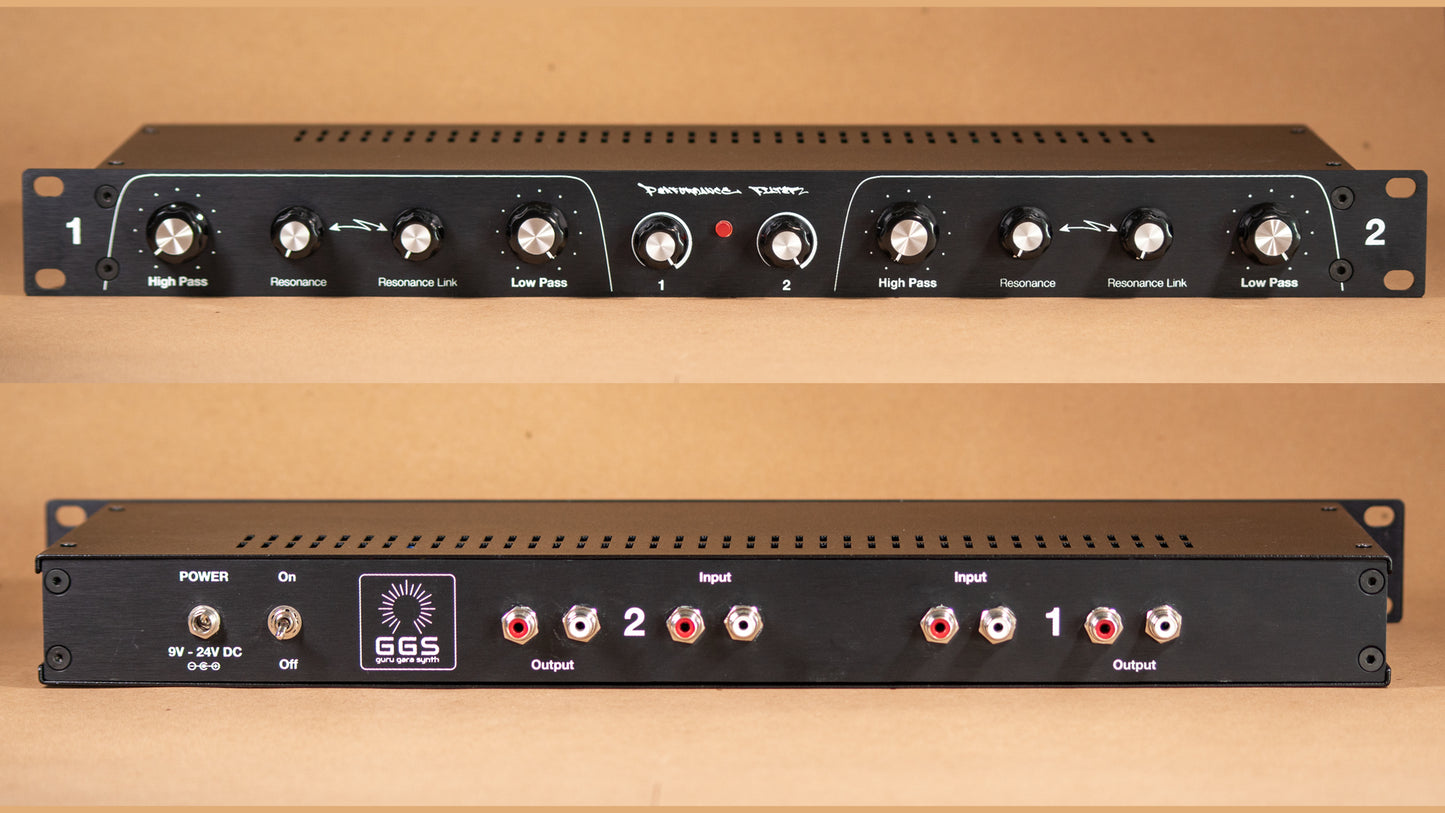 Rotary Dual High Pass/Low Pass filter for live performances and DJs. Vintage look. 19" Rack mount. Front and back view. RCA sockets on the back and control knobs on the front.