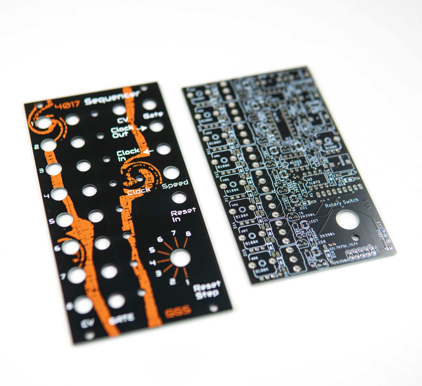 Eurorack 8-step step sequencer based on 4017 IC. Features reset CV input, rotary switch for individual step controls, and internal clock. Designed for experienced builders and modular synth enthusiasts.