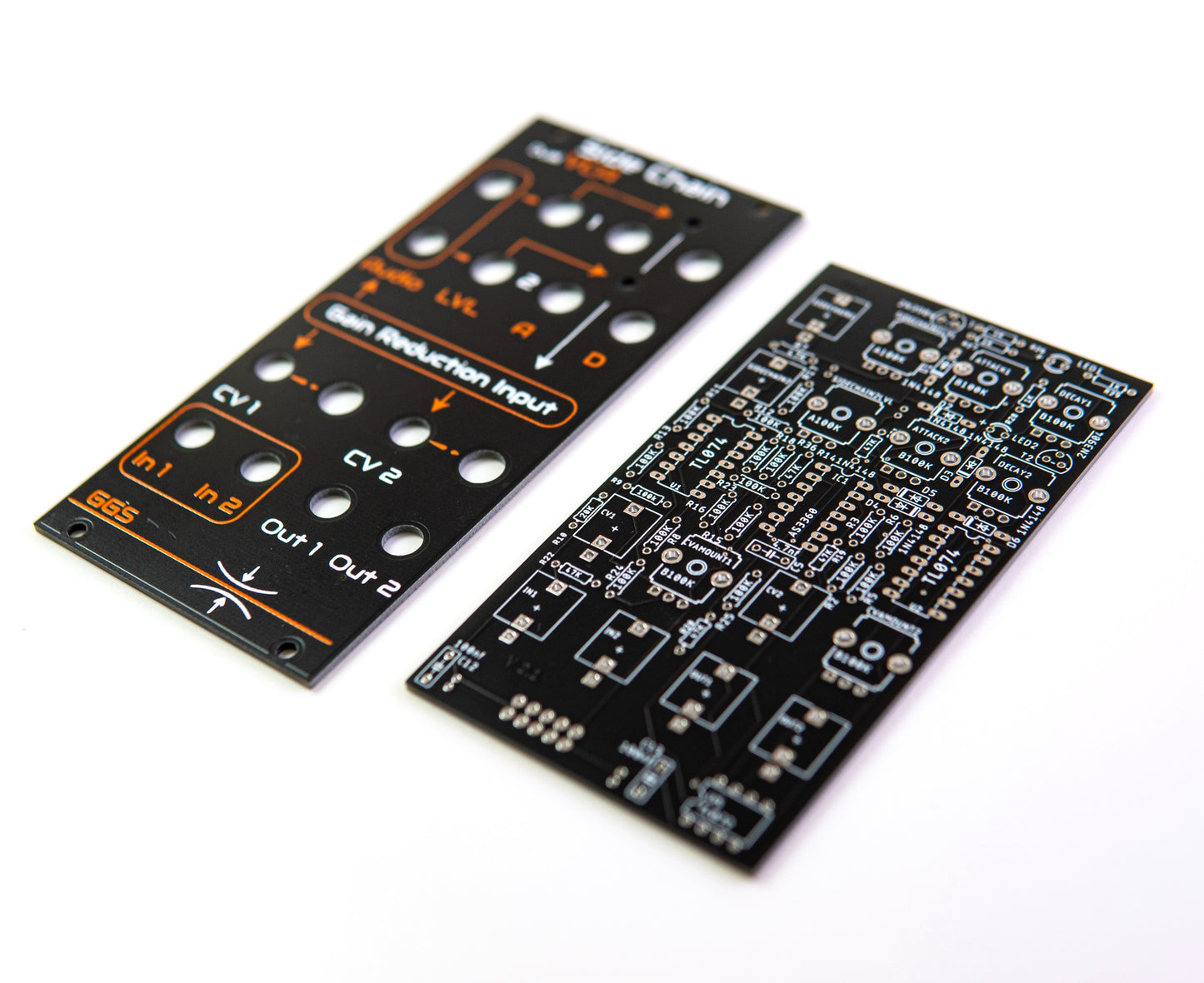 Dual side Chain VCA PCB and front panel kit ready for assembly, featuring clear markings and a user-friendly design. Eurorack modular Synthesiser.