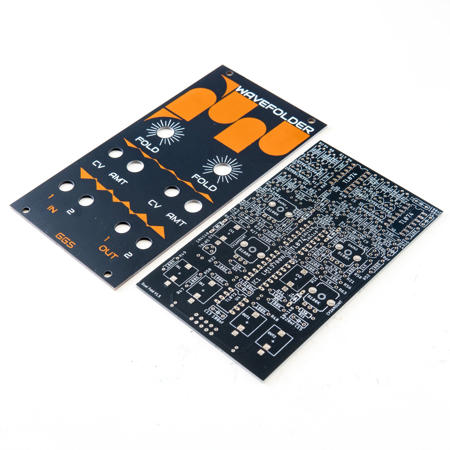 Dual Wavefolder for eurorack modular synth. PCB and Front panel kit. Bare PCB. no components. white background. Angled photo