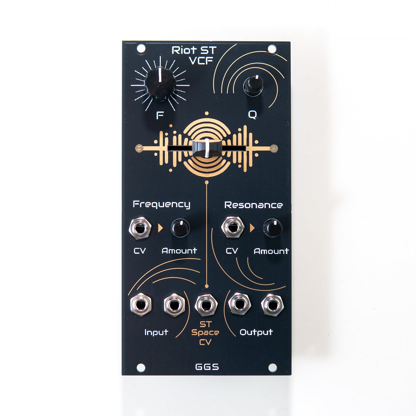 The Riot ST VCF, a black Eurorack module with a striking black, white, and exposed copper PCB art design on the 12HP front panel. The module features stereo inputs and outputs, a central "Stereo Space" fader, and dedicated knobs for frequency and resonance.
