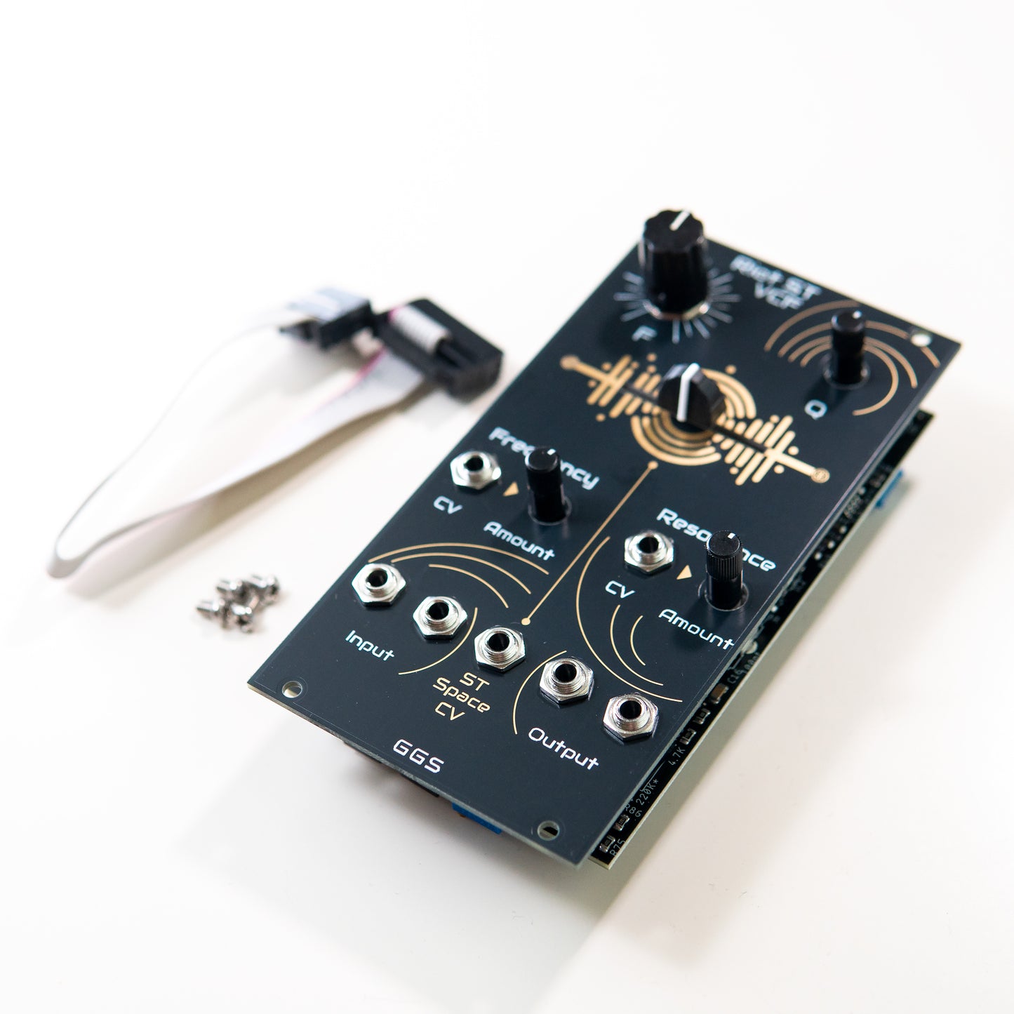 An eye-level, angled photograph of the Riot ST VCF, emphasizing its unique PCB art design. The module's black, white, and copper aesthetic is clearly visible, with the knobs and patch points casting subtle shadows.