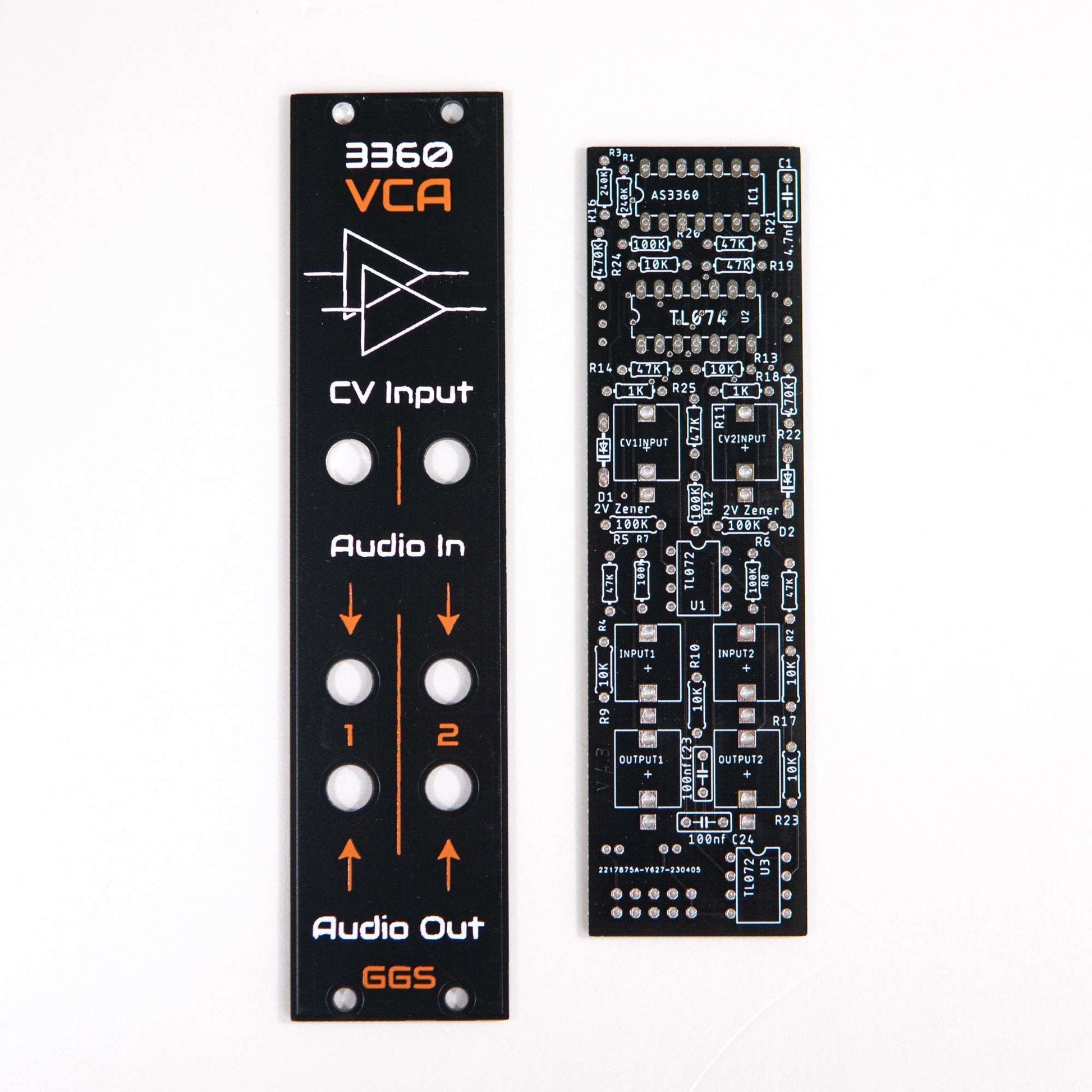 Eurorack dual VCA module based on CEM3360/AS3360. Features individual audio inputs/outputs, CV control, and linked CV inputs for versatile audio amplification. DIY-friendly with handcrafted front panel.