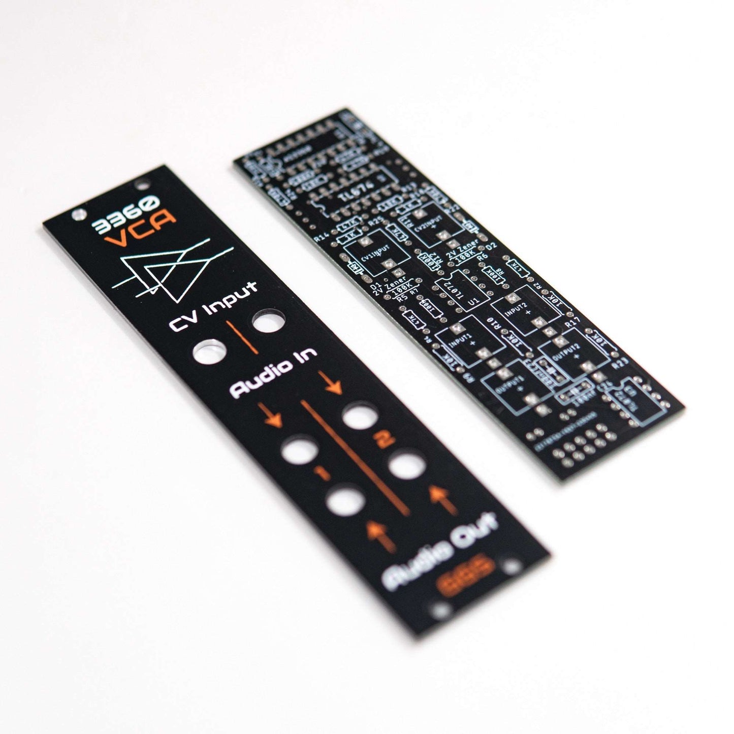 Eurorack dual VCA module based on CEM3360/AS3360. Features individual audio inputs/outputs, CV control, and linked CV inputs for versatile audio amplification. DIY-friendly with handcrafted front panel.