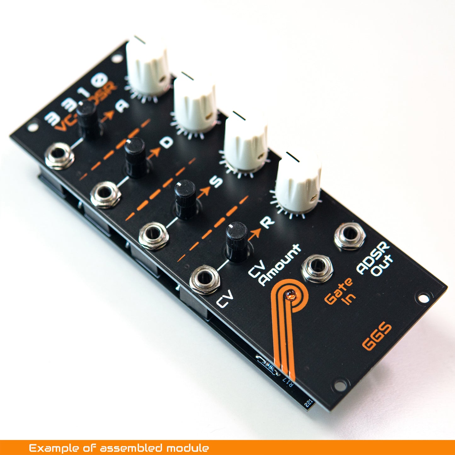 DIY Eurorack 3310 VC-ADSR Envelope Generator module build example, showing screen printed front panel with knobs and patch jacks, photographed at an angle on a white background.