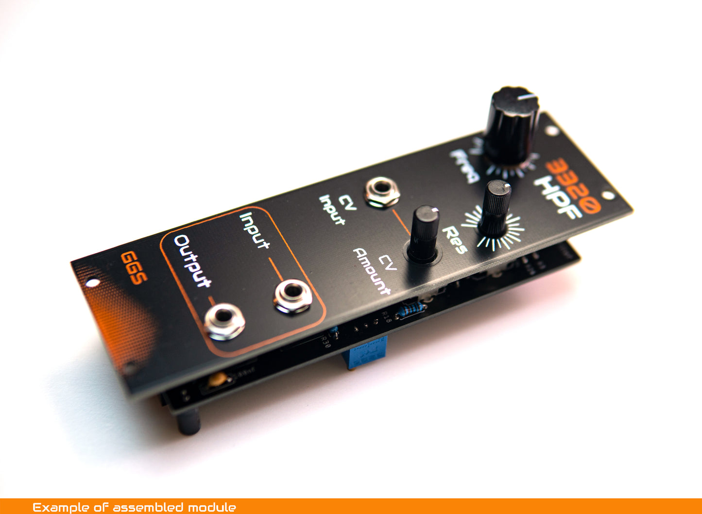 DIY Eurorack 3320 High Pass Filter module build example, showing screen printed front panel with knobs and patch jacks, photographed at an angle on a white background.
