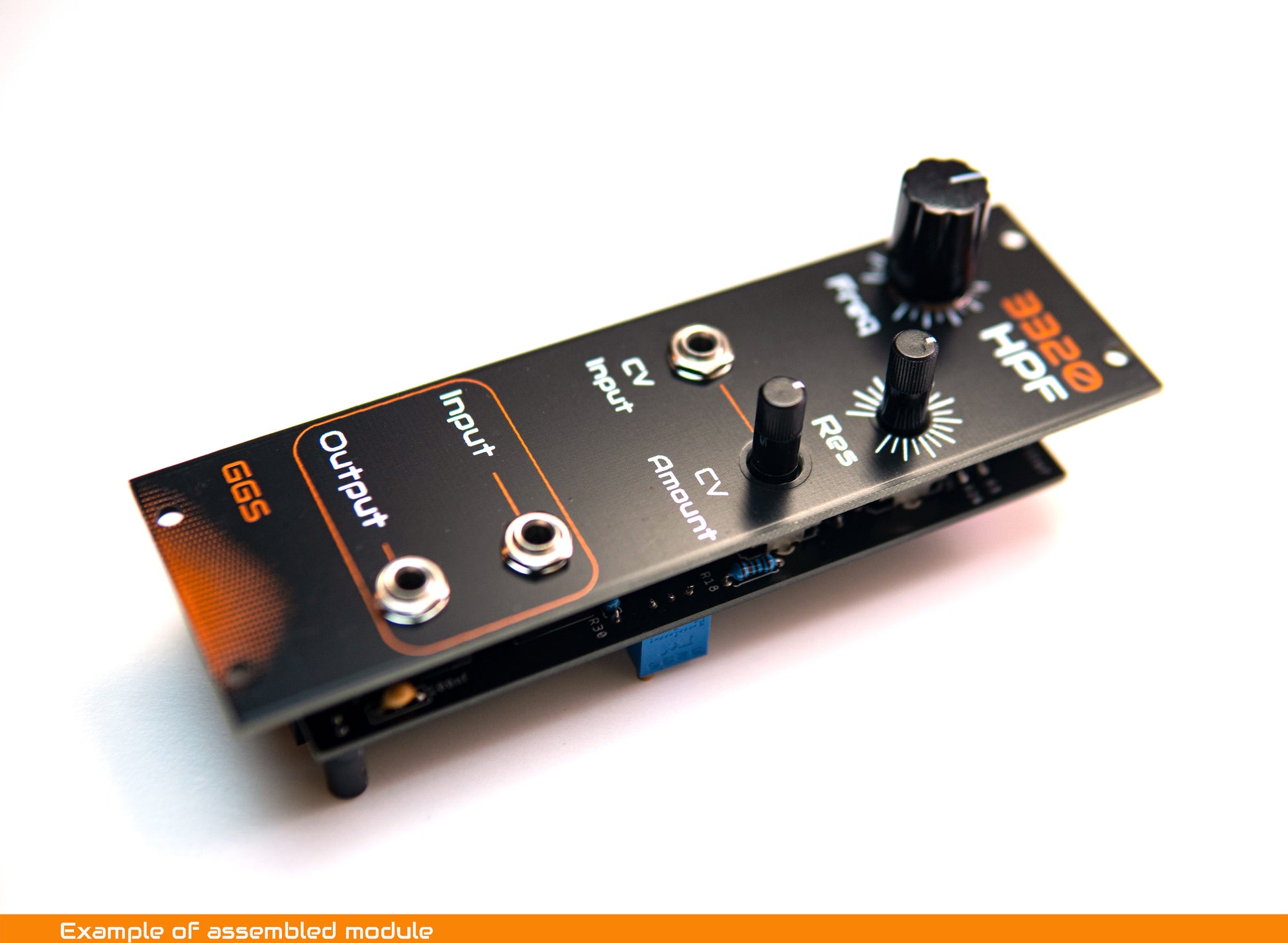 DIY Eurorack 3320 High Pass Filter module build example, showing screen printed front panel with knobs and patch jacks, photographed at an angle on a white background.