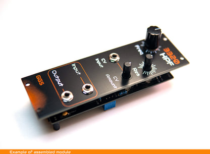 DIY Eurorack 3320 High Pass Filter module build example, showing screen printed front panel with knobs and patch jacks, photographed at an angle on a white background.