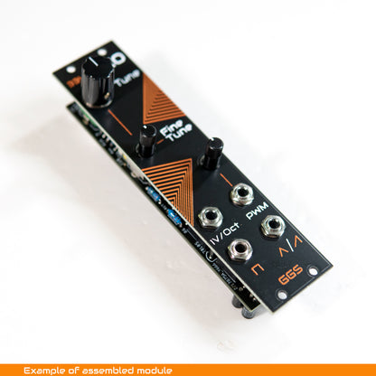 DIY Eurorack 3340 Mini VCO module build example, showing screen printed front panel with knobs and patch jacks, photographed at an angle on a white background.