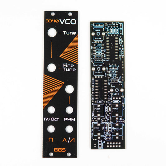 Eurorack 3340 Mini VCO module with square/pulse wave output and selectable triangle/ramp wave output. Features pulse width control, CV input, and handcrafted front panel. Affordable and versatile for modular synth enthusiasts.