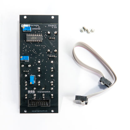 3340 VCO Eurorack module rear view. Eurorack power connector, calibration trimmers and AS3340 IC visible. Ribbon power cable and mounting screws visible on the side. 3340 VCO V3.0.