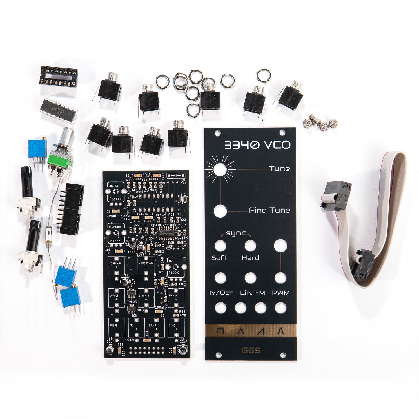 3340 VCO full DIY kit. PCB with factory assembled smd, front panel PCB art and all the THT components. Front view.
