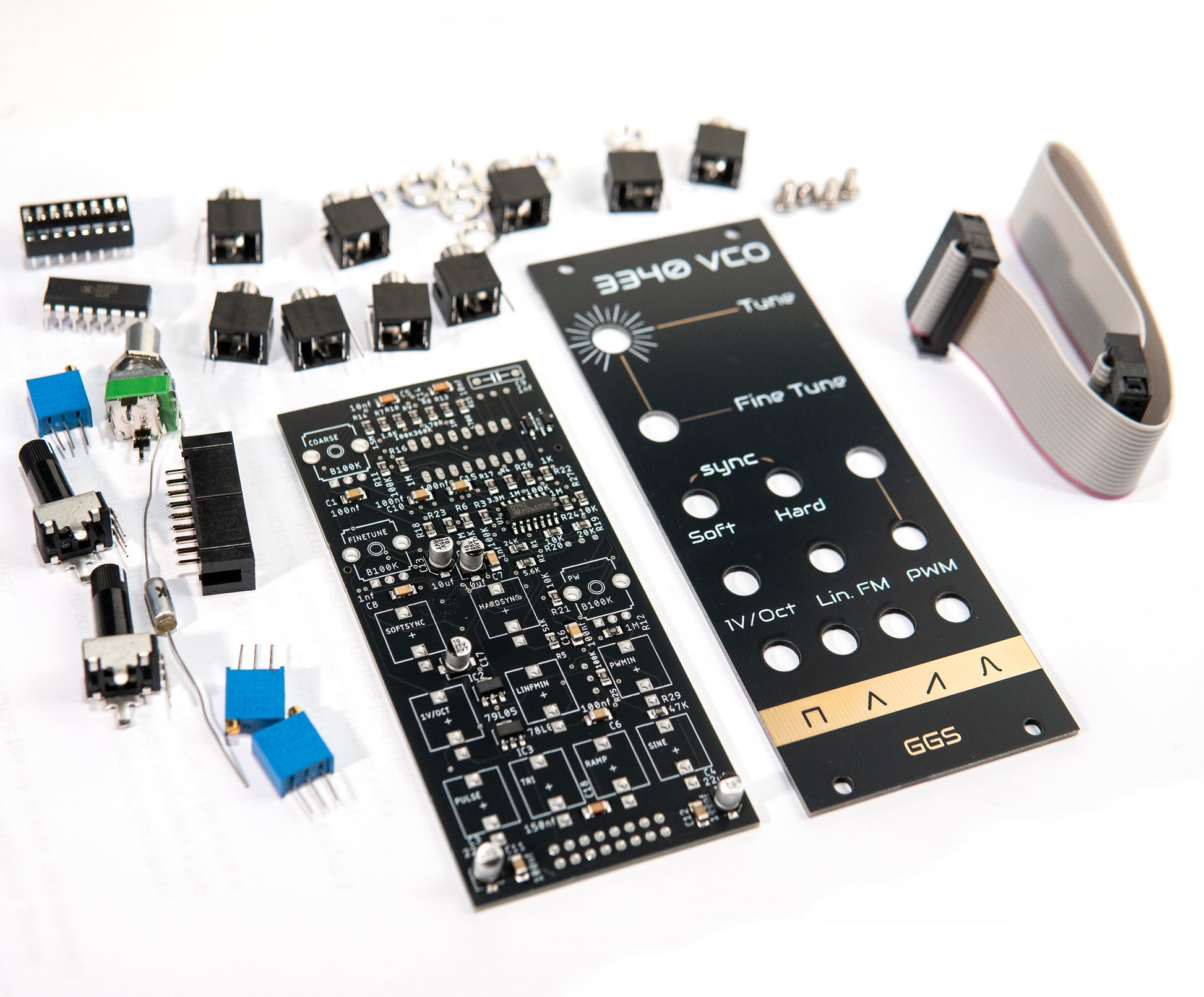 3340 VCO full DIY kit. PCB with factory assembled smd, front panel PCB art and all the THT components (jack sockets, potentiometers, timing capacitor, AS3340 IC and more...)