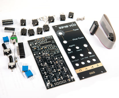 3340 VCO full DIY kit. PCB with factory assembled smd, front panel PCB art and all the THT components (jack sockets, potentiometers, timing capacitor, AS3340 IC and more...)