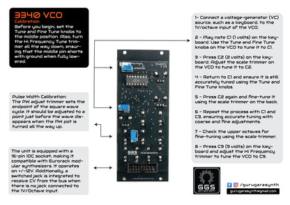 3340 VCO Calibration document. Back photo of the 3340 VCO eurorack module and labels describing trimmers and how to calibrate them. Scale, pulse width, High Frequency Tune.