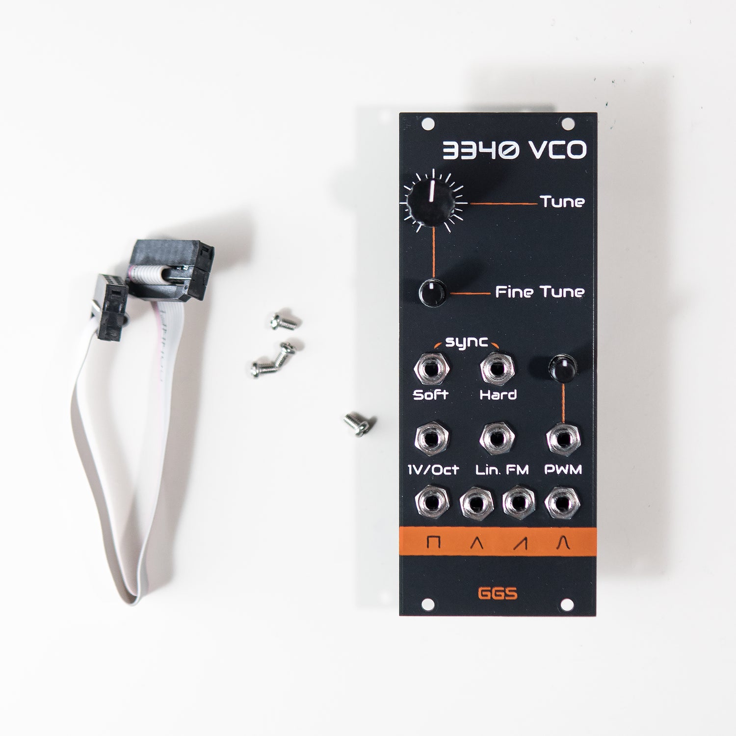 3340 VCO Eurorack module front panel with waveform outputs, tuning knobs, and jacks.