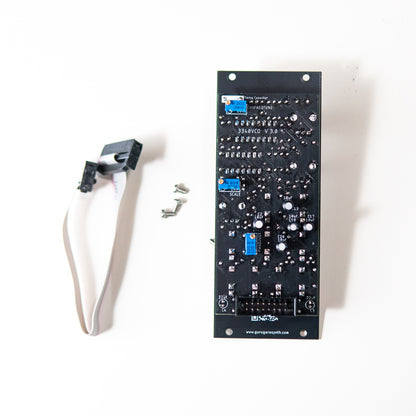 Rear side of the 3340 VCO Eurorack module showing PCB assembly and calibration trimmers.