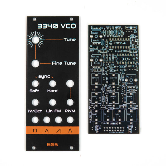 Eurorack 3340 VCO module with 4 waveforms (square, triangle, ramp, sine). Features hard sync, soft sync, linear frequency modulation, 1V/octave input, and external pulse width modulation control.