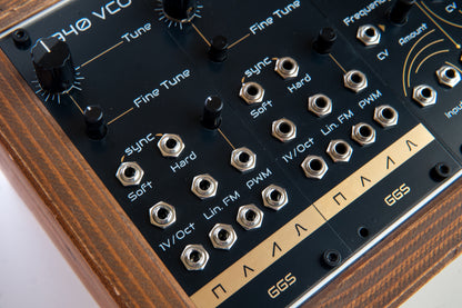 2 3340 VCO Eurorack module in a wooden case. Gold plated PCB art front panel, knobs, jack socket visible. Close Up photo.