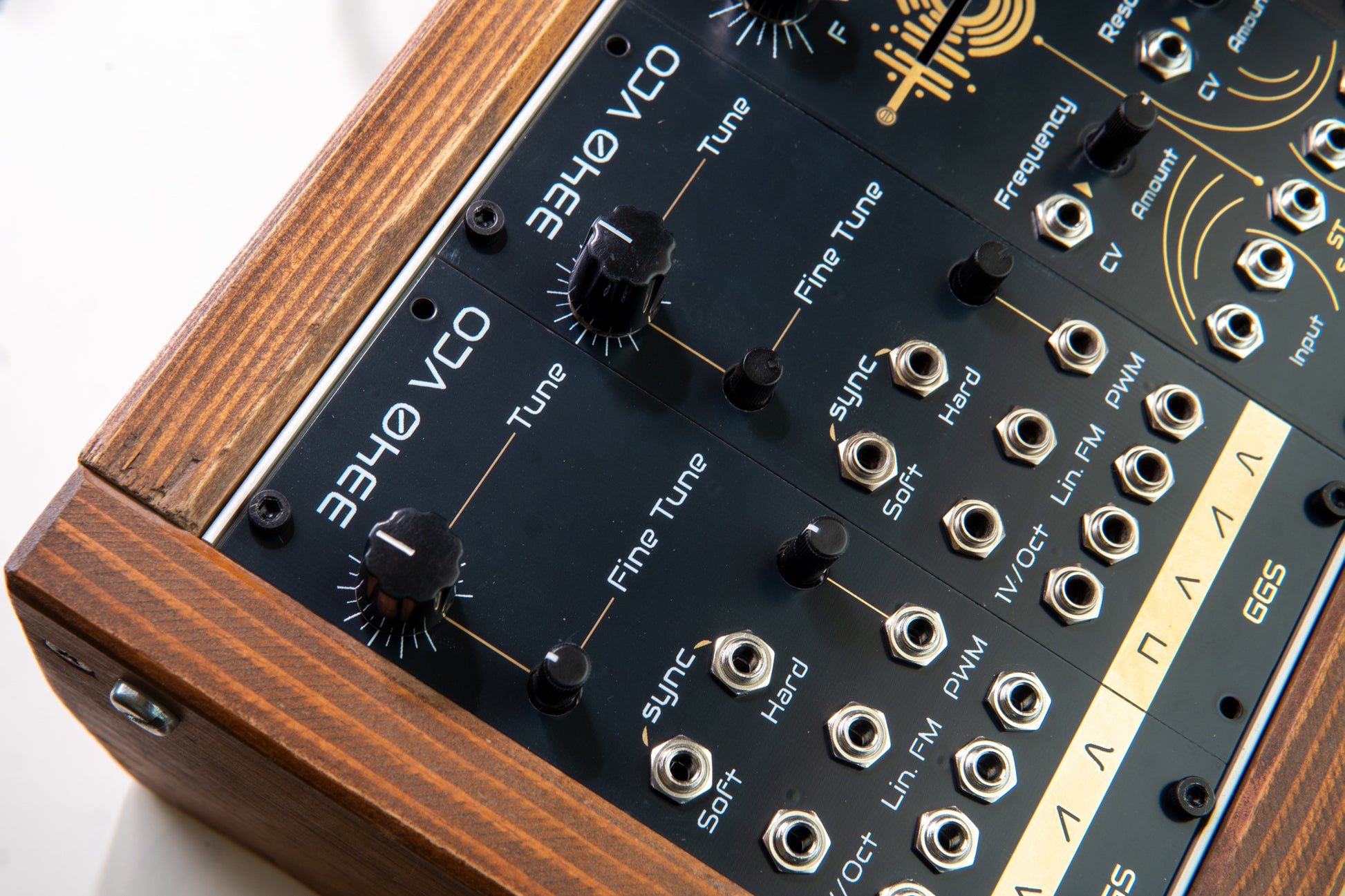 2 3340 VCO Eurorack module in a wooden case. Gold plated PCB art front panel, knobs, jack socket visible.