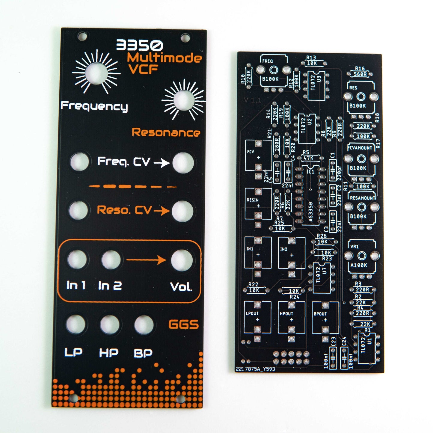 Eurorack multimode VCF module based on 3350 IC. Features low, high, and band-pass filters with individual frequency and resonance controls. Includes built-in audio mixer for versatile sound shaping.