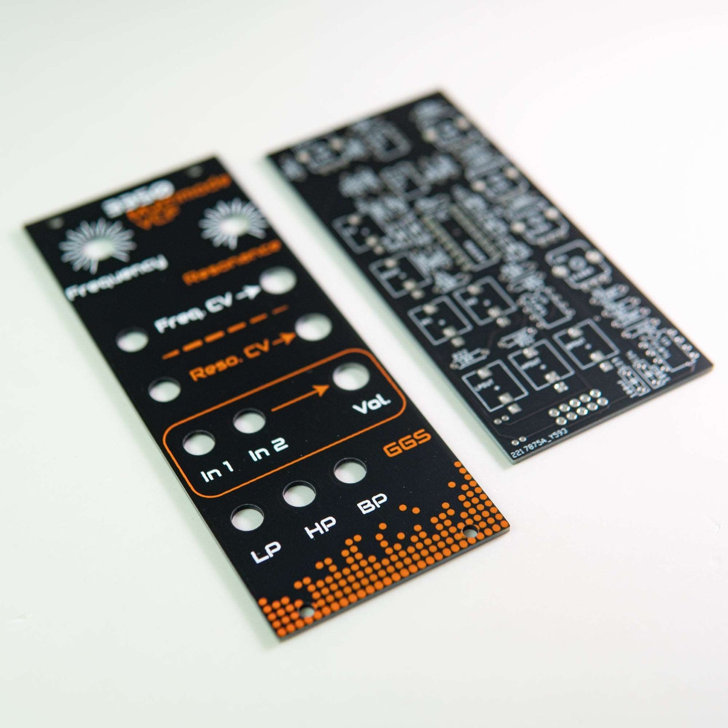 Eurorack multimode VCF module based on 3350 IC. Features low, high, and band-pass filters with individual frequency and resonance controls. Includes built-in audio mixer for versatile sound shaping.