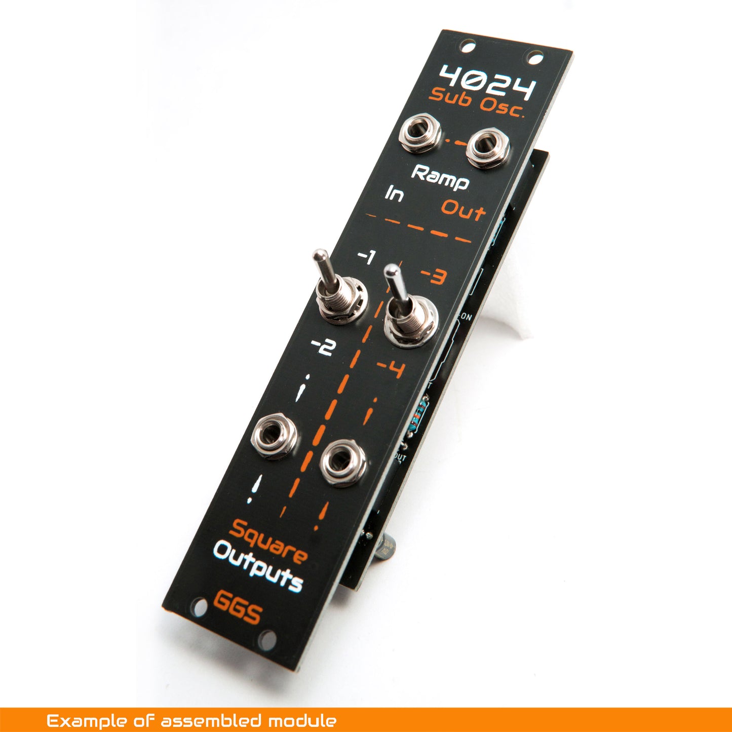 DIY Eurorack 4024 Sub Oscillator module build example, showing screen printed front panel with knobs and patch jacks, photographed at an angle on a white background.