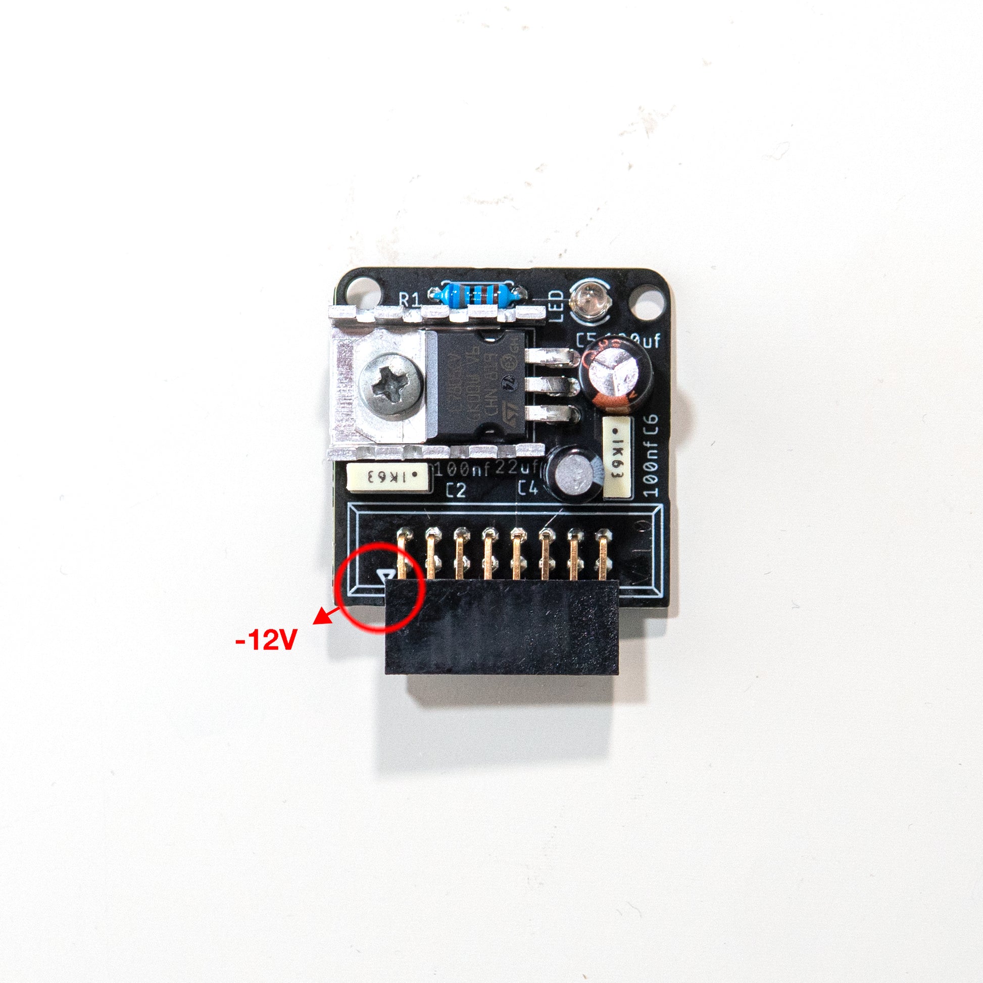 5V PSU for eurorack modular synth. Fully built and easy install directly on the bus board. Orientation indicator by showing the -12V pin.