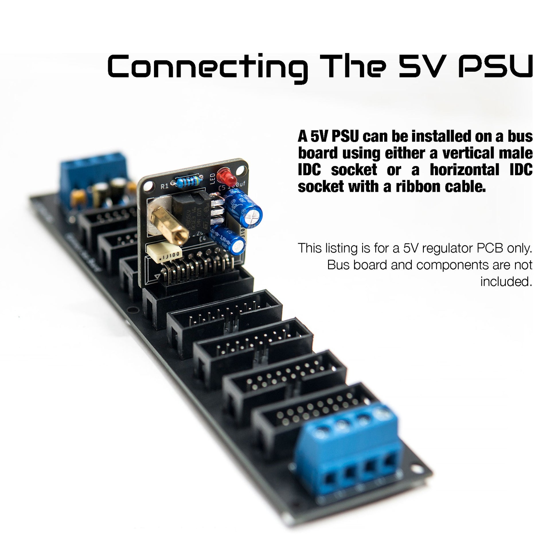 5V PSU / regulator for eurorack modular synthesiser that can be installed on power bus board. 