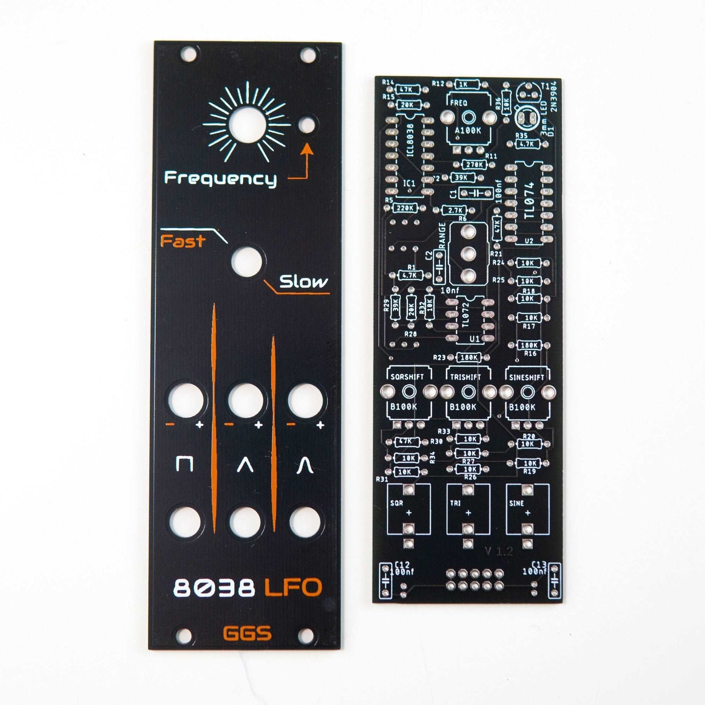 Eurorack LFO module based on ICL8038 IC. Generates square, triangle, and sine waves with adjustable frequency and symmetry. Features potentiometer controls and indicator LED.