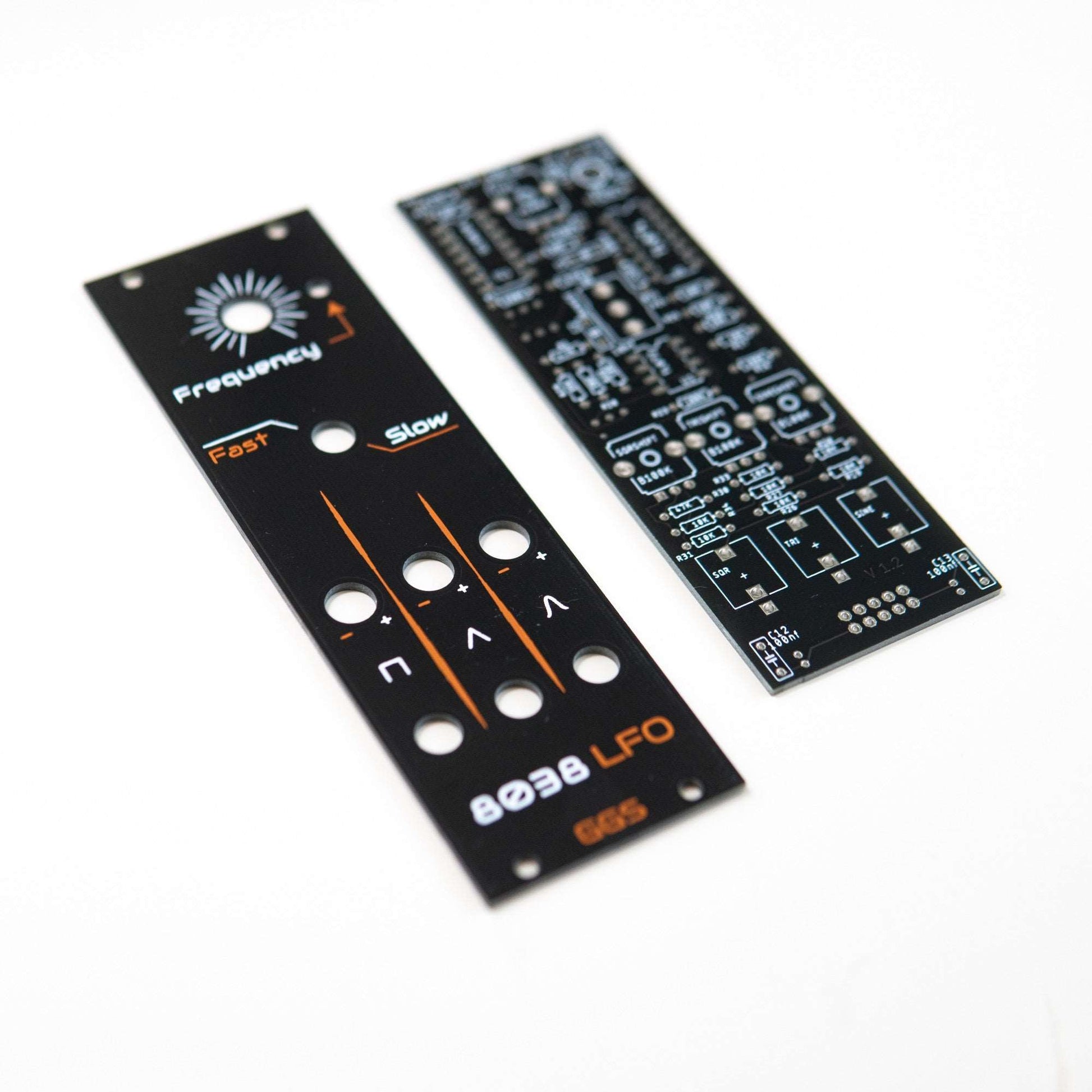 Eurorack LFO module based on ICL8038 IC. Generates square, triangle, and sine waves with adjustable frequency and symmetry. Features potentiometer controls and indicator LED.