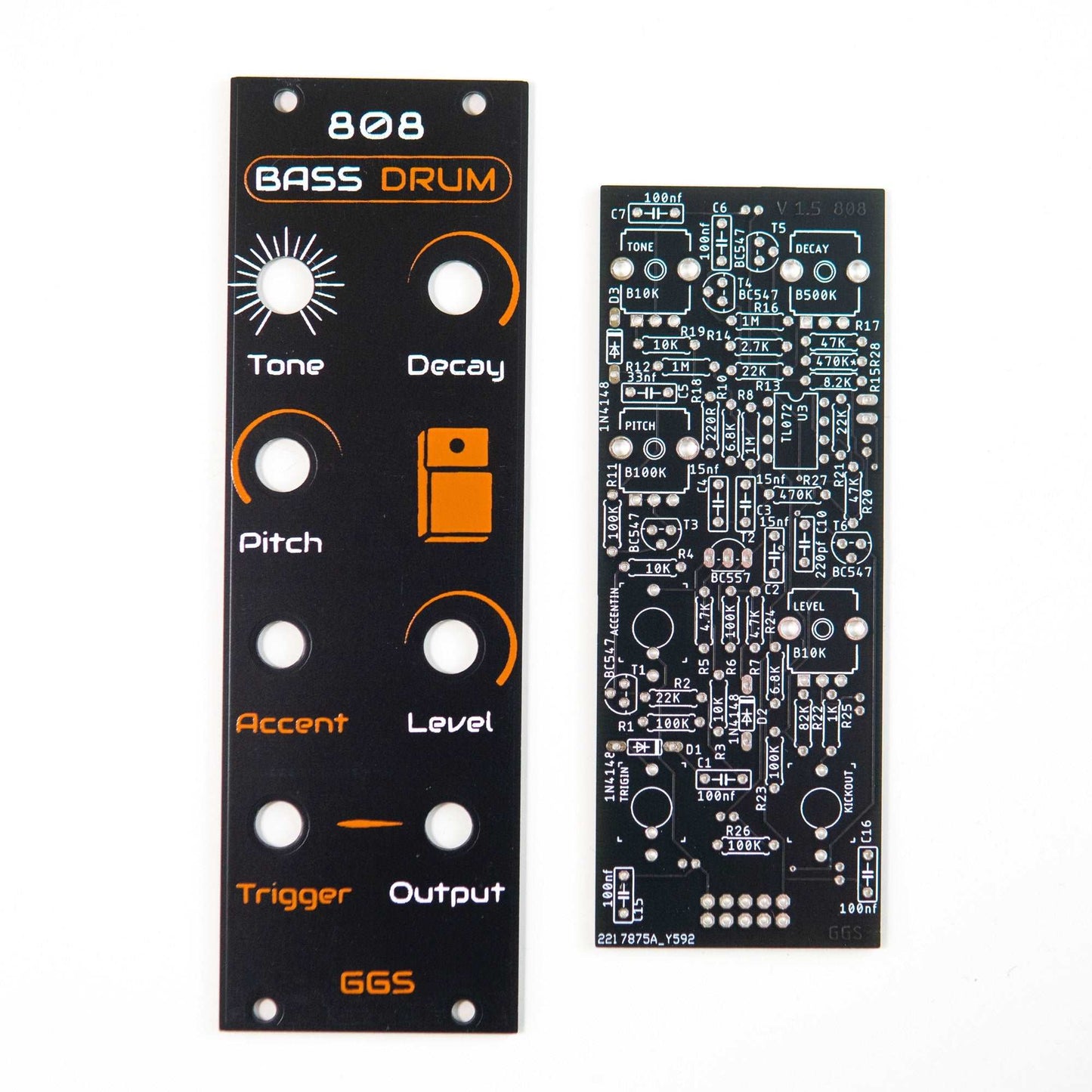 Eurorack 808 bass drum module with adjustable pitch, decay, and level. Features BC series transistors for reliability and a jumper for extended decay options. Ideal for crafting authentic 808 bass drum sounds.