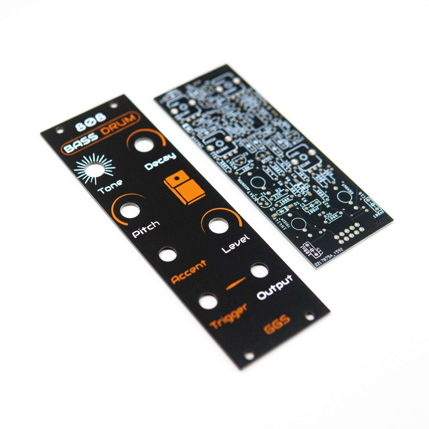 Eurorack 808 bass drum module with adjustable pitch, decay, and level. Features BC series transistors for reliability and a jumper for extended decay options. Ideal for crafting authentic 808 bass drum sounds.