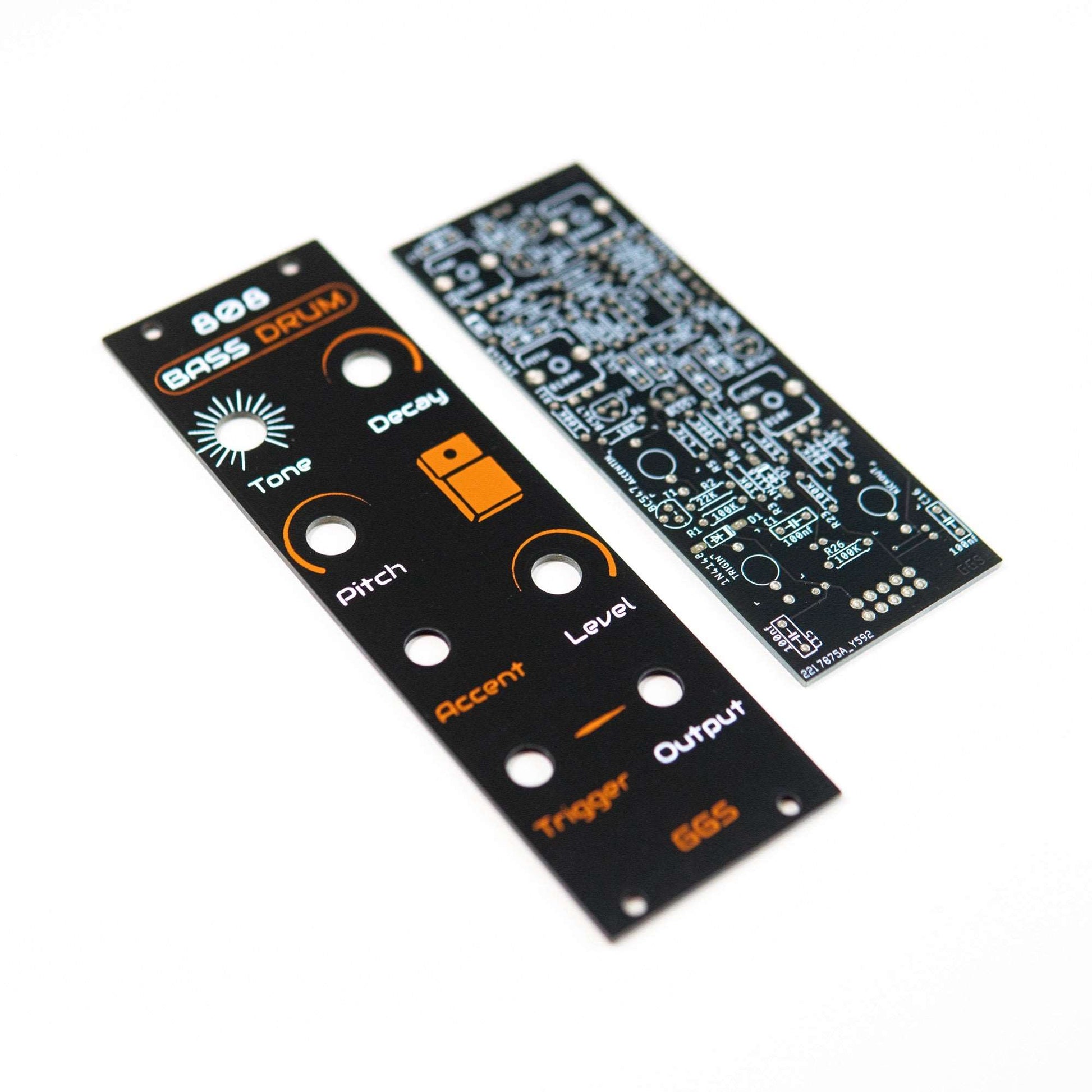 Eurorack 808 bass drum module with adjustable pitch, decay, and level. Features BC series transistors for reliability and a jumper for extended decay options. Ideal for crafting authentic 808 bass drum sounds.