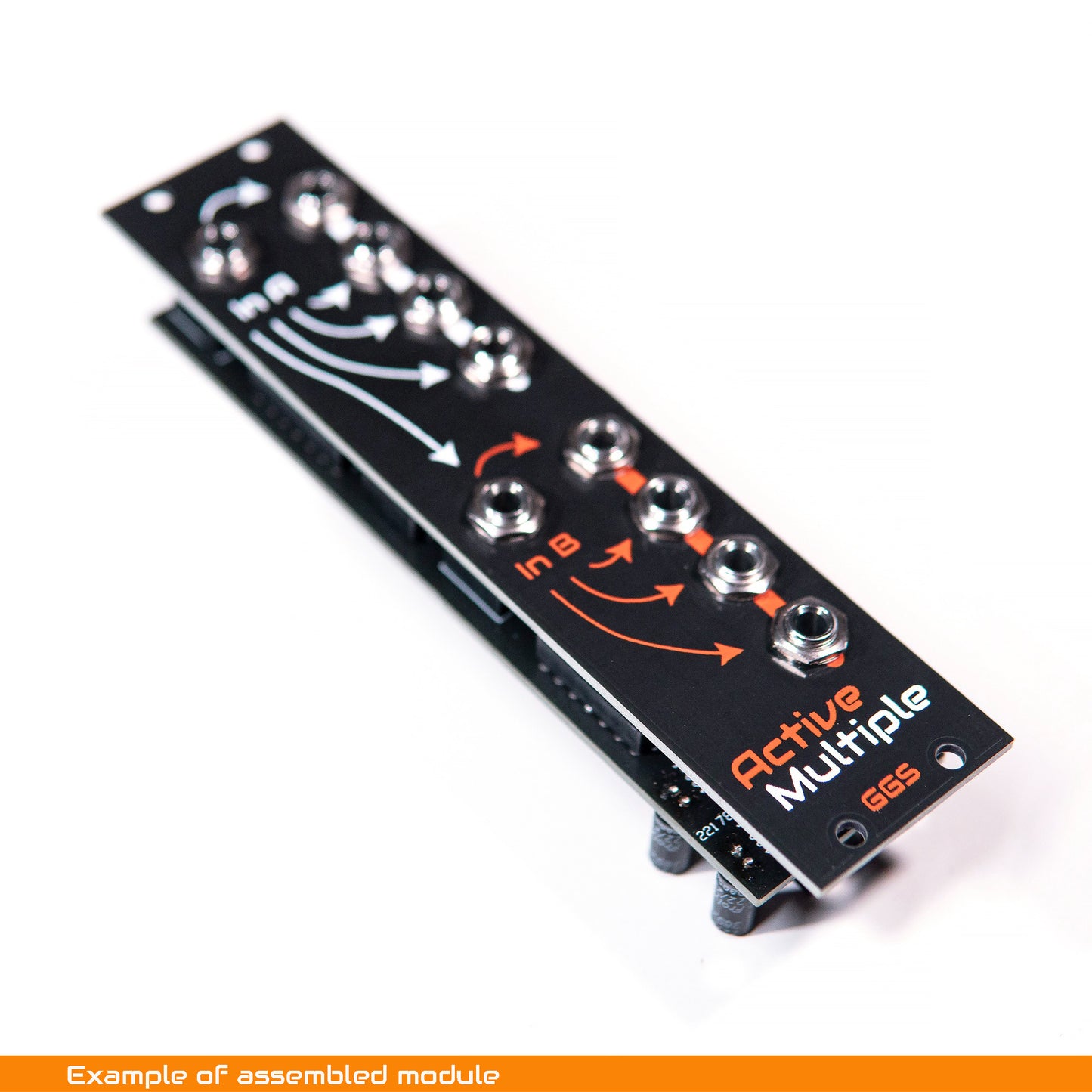 DIY Eurorack Active Multiple module build example, showing screen printed front panel with knobs and patch jacks, photographed at an angle on a white background.