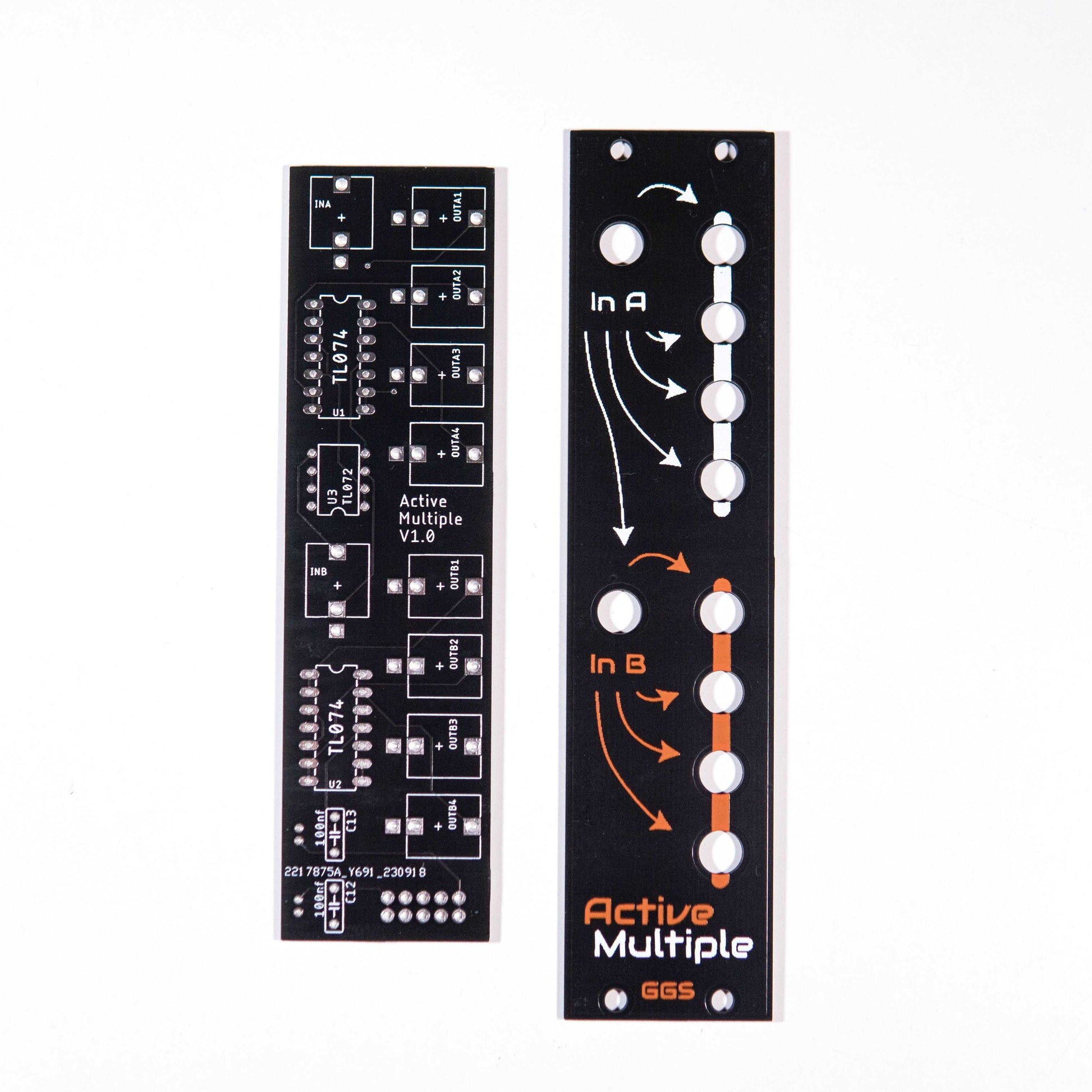 Eurorack active multiple module with 4 outputs. Distributes input A and B for versatile use as a 2x4 or 1x8 multiple. DIY-friendly with handcrafted front panel.