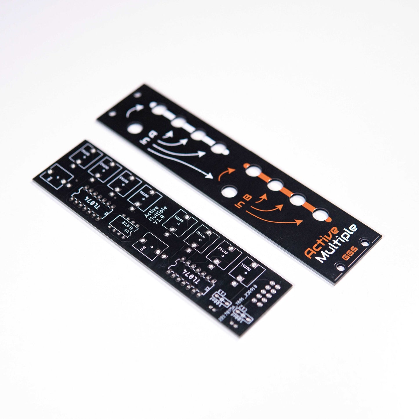 Eurorack active multiple module with 4 outputs. Distributes input A and B for versatile use as a 2x4 or 1x8 multiple. DIY-friendly with handcrafted front panel.