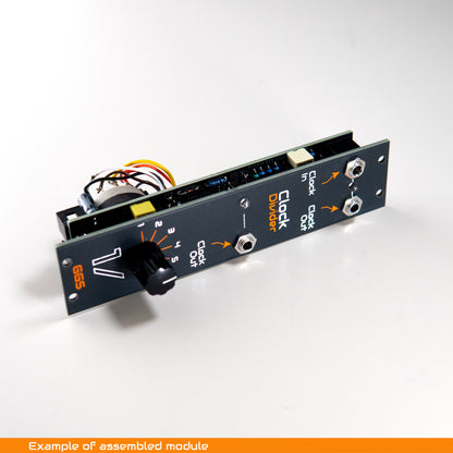 DIY Eurorack Clock Divider module build example, showing screen printed front panel with knobs and patch jacks, photographed at an angle on a white background.