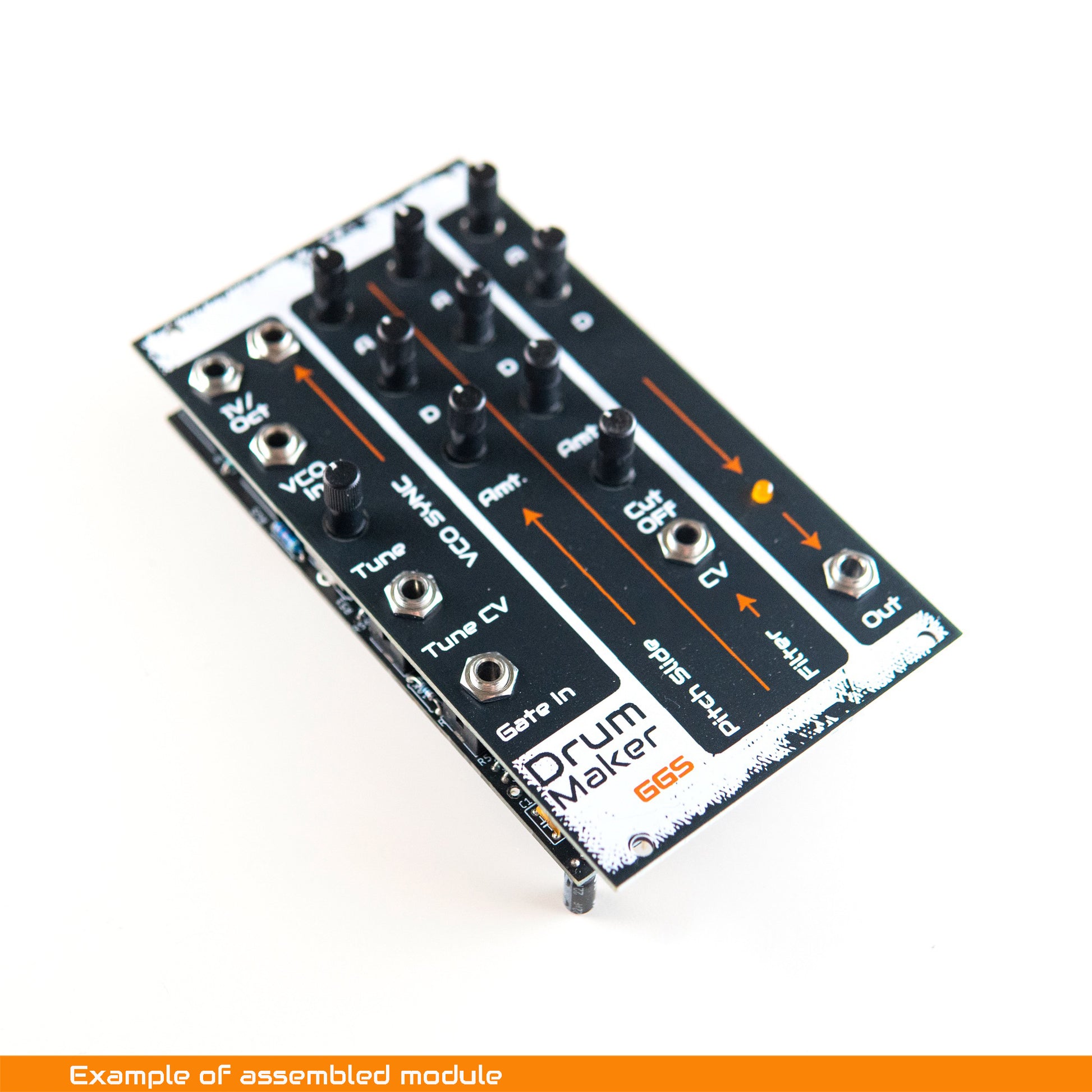 DIY Eurorack Drum Maker module build example, showing screen printed front panel with knobs and patch jacks, photographed at an angle on a white background.
