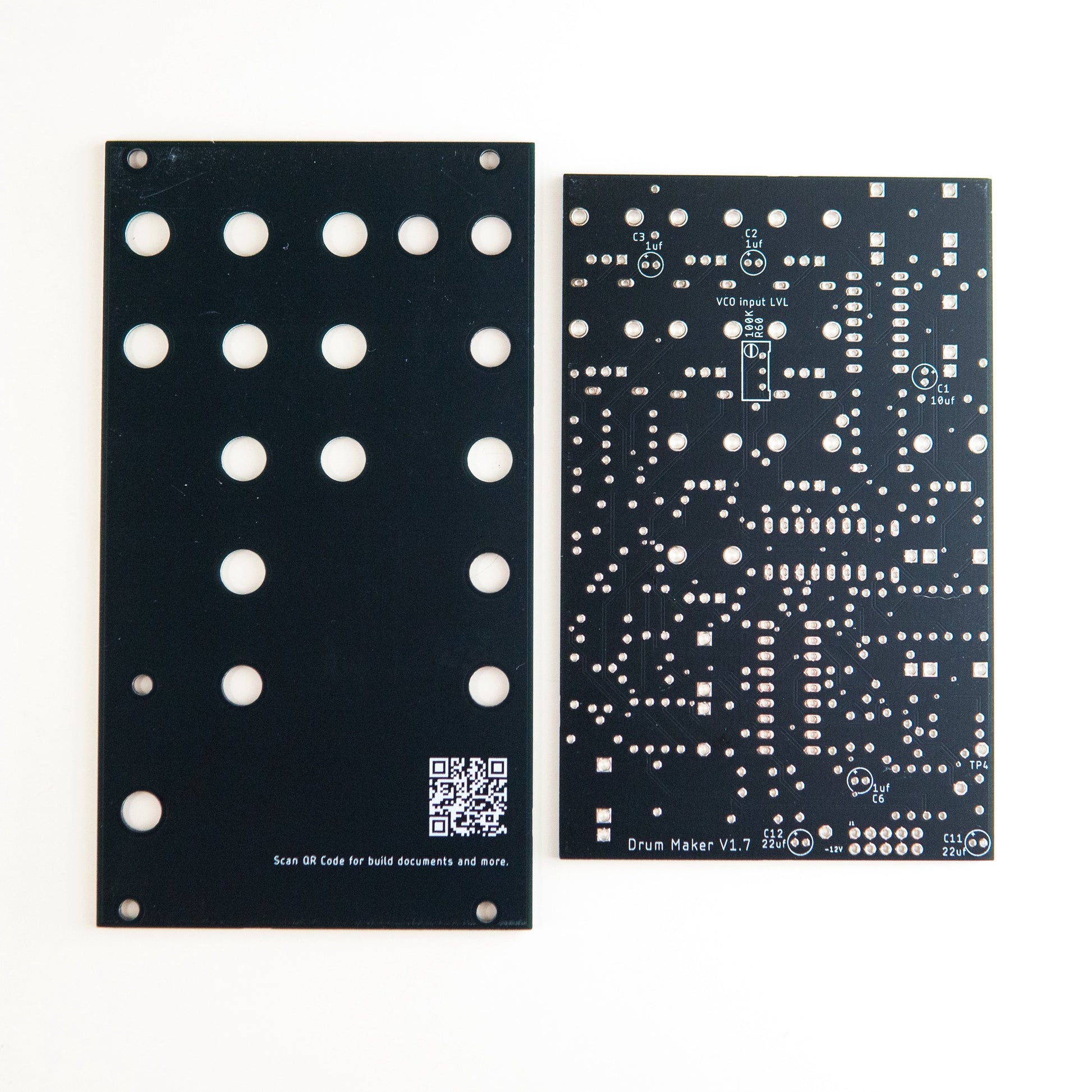 Drum Maker PCB and Front Panel for Eurorack Synth. Designed to make bass drum sounds using your existing VCO.