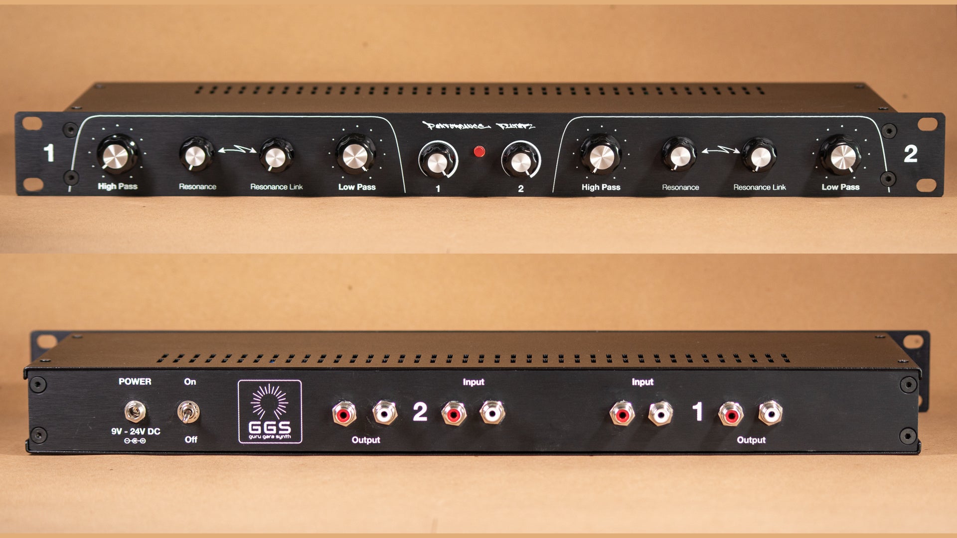 Rotary Dual High Pass/Low Pass filter for live performances and DJs. Vintage look. 19" Rack mount. Front and back view. RCA sockets on the back and control knobs on the front.