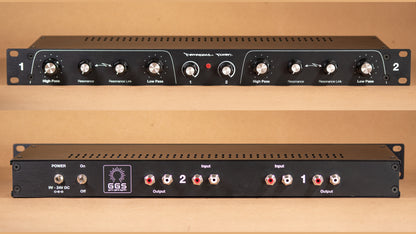 Rotary Dual High Pass/Low Pass filter for live performances and DJs. Vintage look. 19" Rack mount. Front and back view. RCA sockets on the back and control knobs on the front.